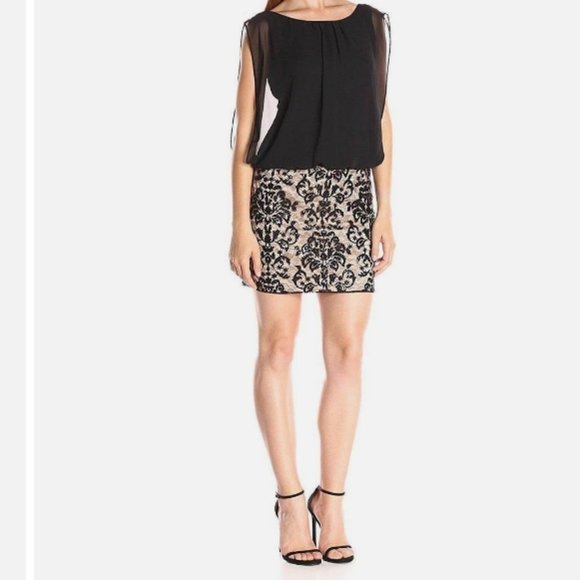 Aidan Mattox - Embroidered Chiffon Blouson Black/Nude Short Dress - Picture 1 of 14